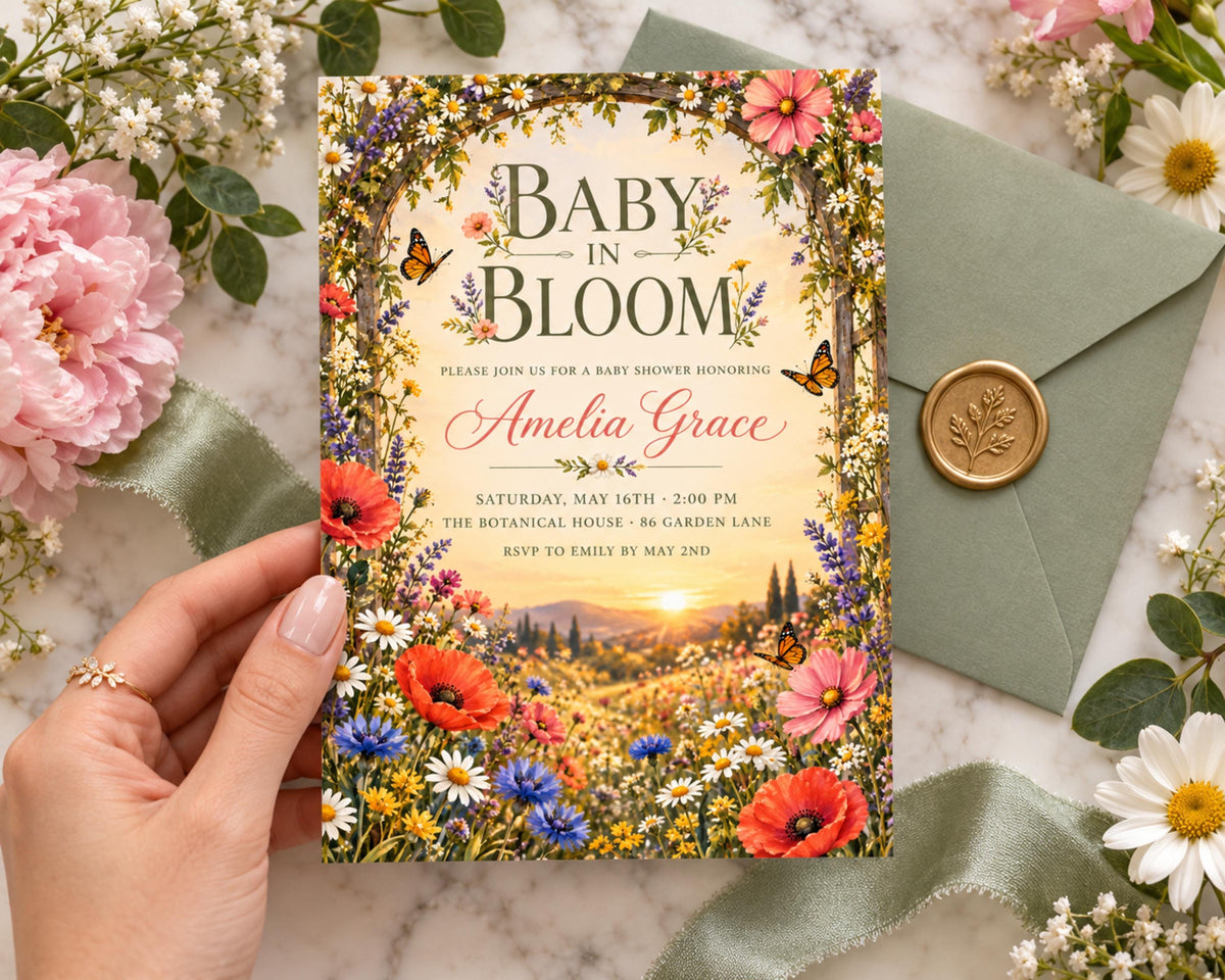 a hand holding a colorful baby shower invitation with a floral design, surrounded by flowers and greenery.