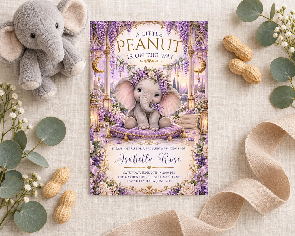 a baby shower invitation for a baby named Isabella Rose, with a purple and gold theme. The invitation is surrounded by stuffed elephants, peanuts, and greenery, creating a festive and whimsical atmosphere.