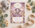 a baby shower invitation for a baby named Isabella Rose, with a purple and gold theme. The invitation is surrounded by stuffed elephants, peanuts, and greenery, creating a festive and whimsical atmosphere.
