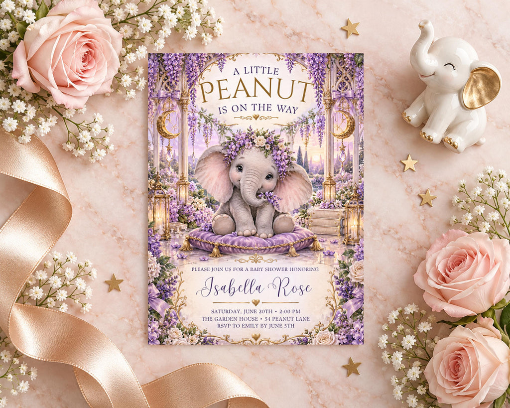 A baby shower invitation featuring a baby elephant surrounded by flowers and a ribbon, with a small elephant figurine and pink roses on the side.