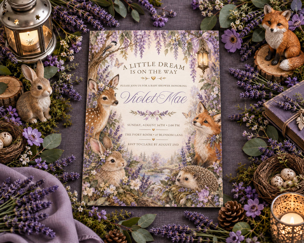 a whimsical invitation card with illustrations of rabbits, deer, and foxes, surrounded by purple flowers and pine cones. The card is placed on a table with a lantern, books, and other decorative items.