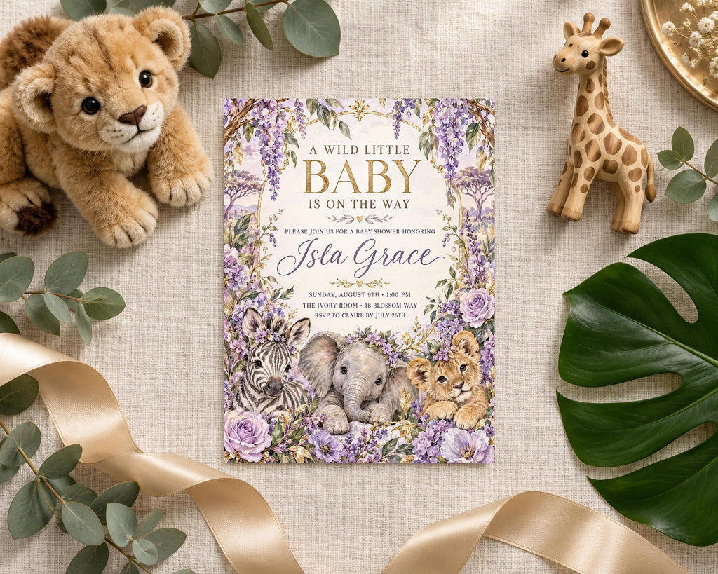 A baby shower invitation featuring a lion, zebra, and elephant illustration, surrounded by plush toys and greenery.