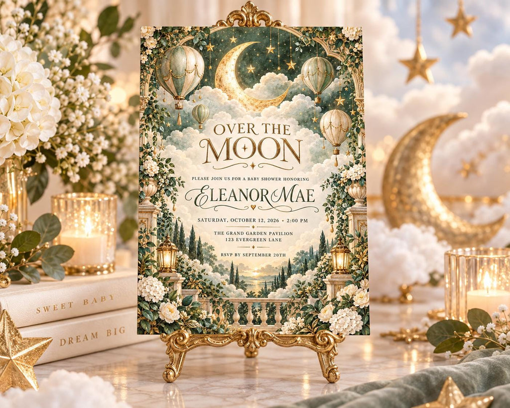 a beautifully designed baby shower invitation with a moon and star theme, surrounded by flowers and candles.