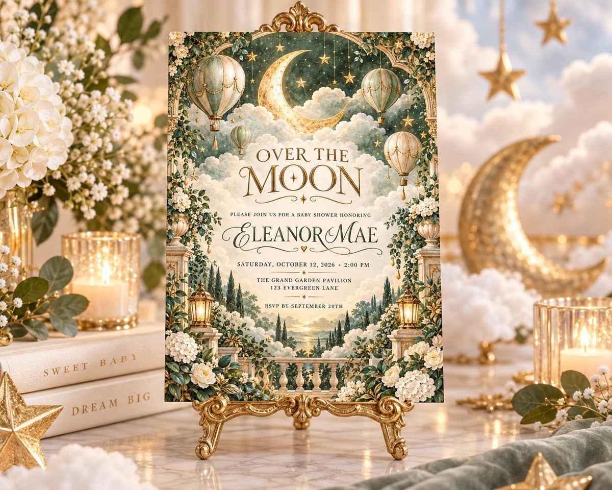 a beautifully designed baby shower invitation with a moon and star theme, surrounded by flowers and candles.