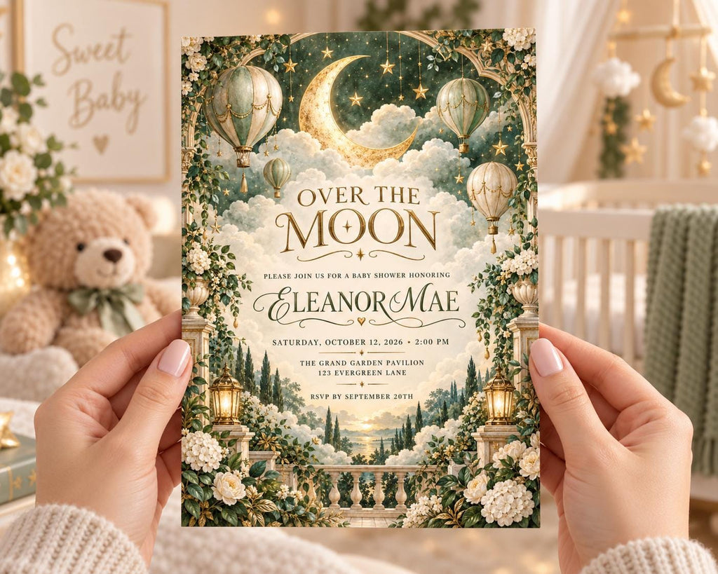 A person's hands holding a baby shower invitation with a moon and clouds theme, featuring a teddy bear and lanterns.