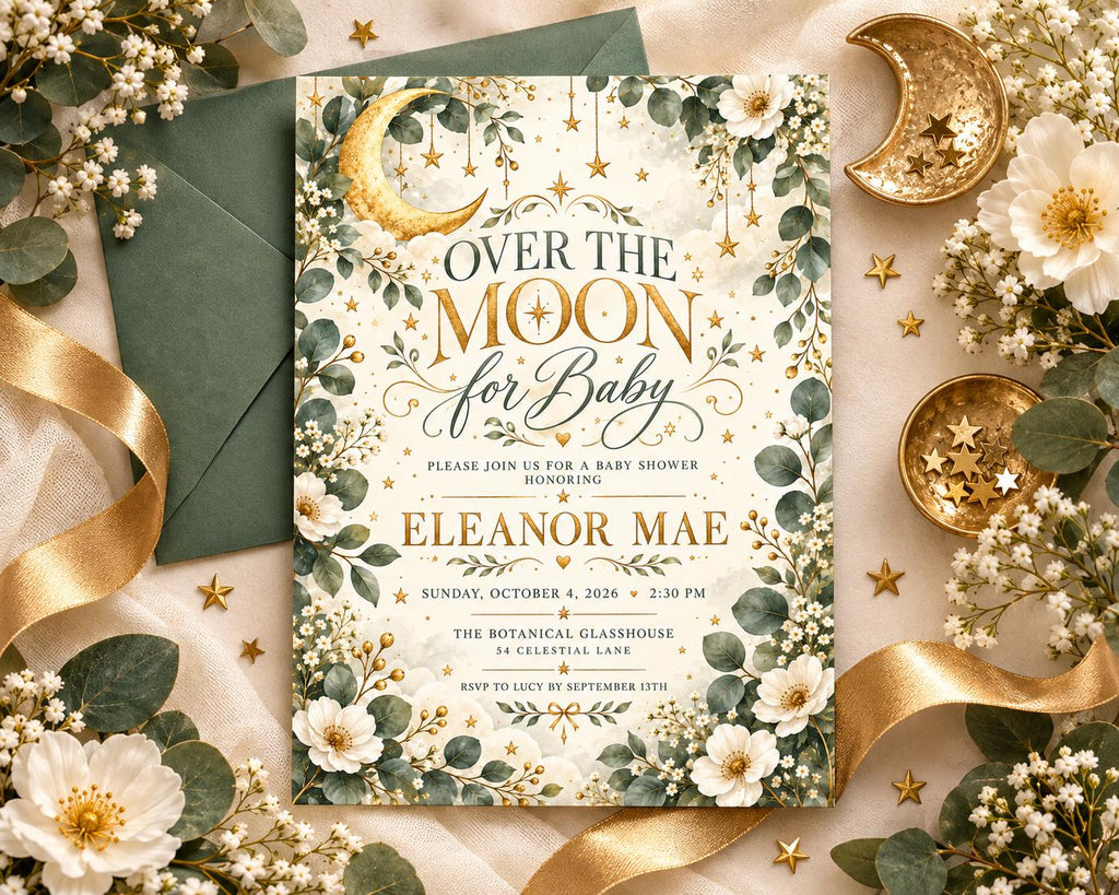 The image is a beautifully designed baby shower invitation featuring a moon and star motif, surrounded by greenery and flowers.
