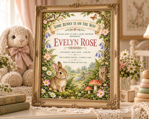 a framed baby shower invitation with a bunny theme, placed on a table surrounded by stuffed animals and flowers.