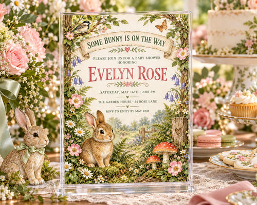 The image is a baby shower invitation featuring a bunny theme, with illustrations of a rabbit and flowers surrounding the text.