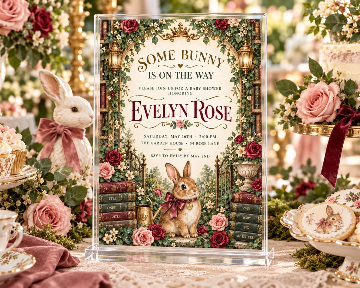 The image is a baby shower invitation featuring a white rabbit and a book, surrounded by pink and red flowers and greenery.