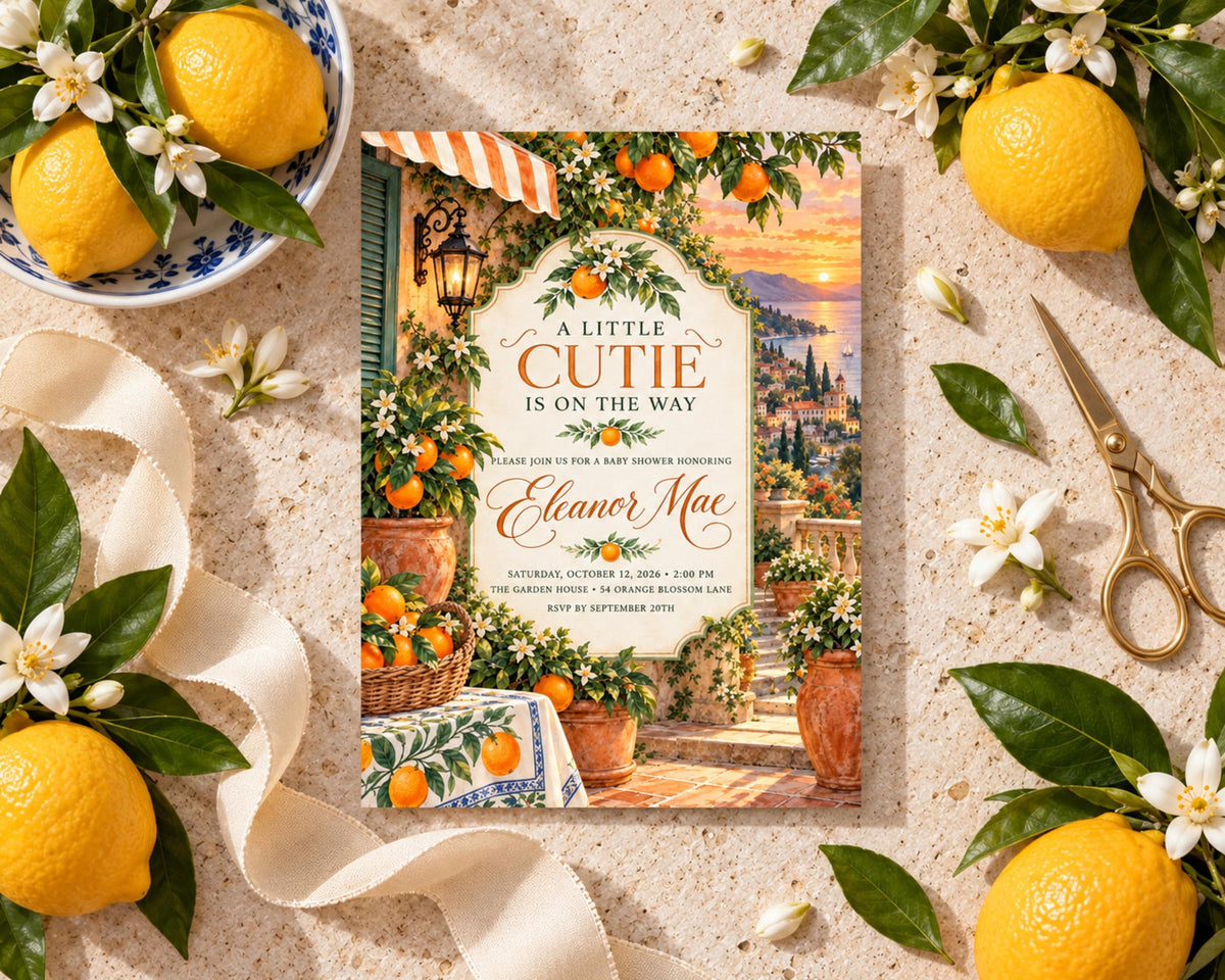 a baby shower invitation with a scenic background of a garden and a sunset. The invitation is surrounded by various objects, including lemons, flowers, and a pair of scissors.