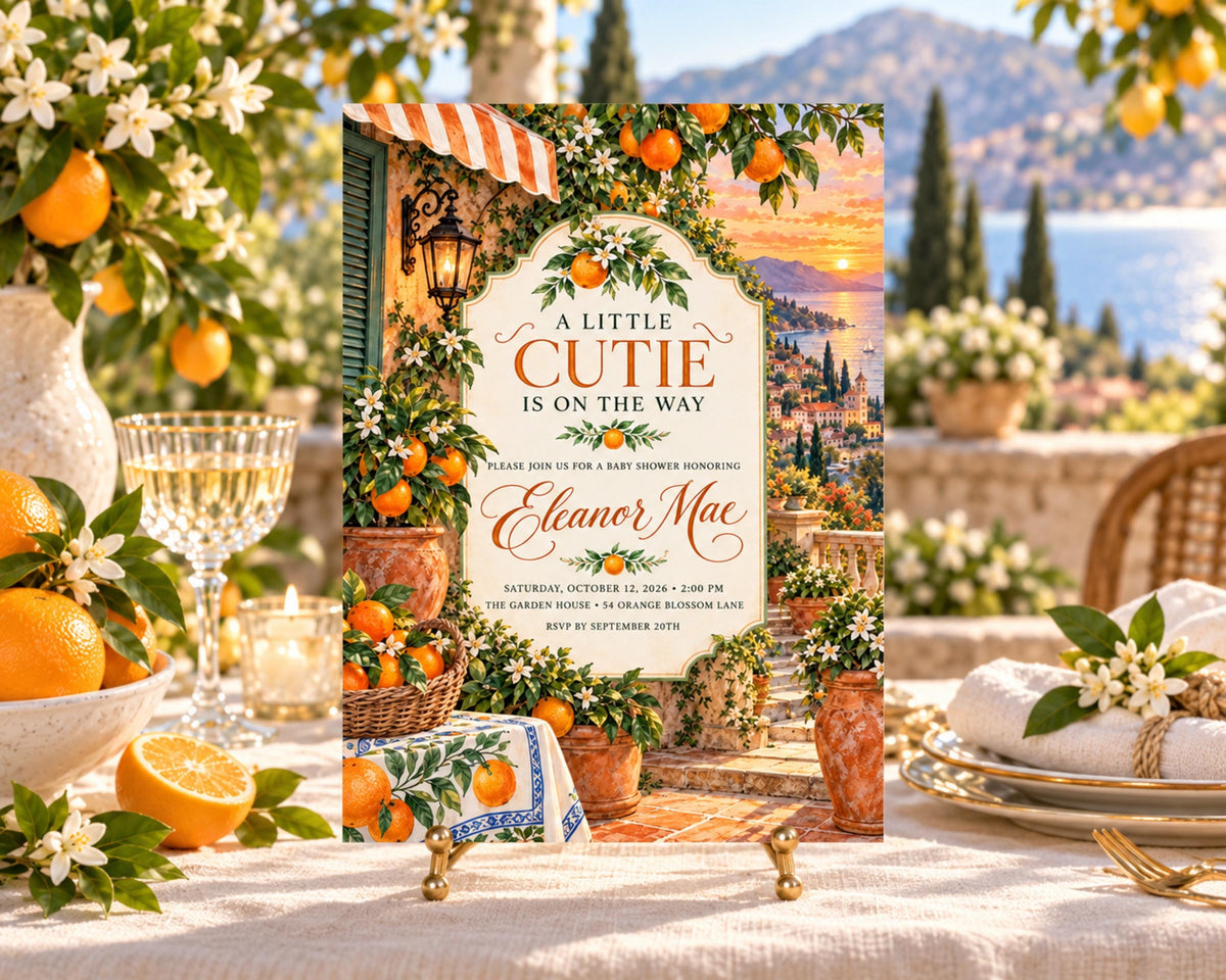 a table set with a tablecloth, plates, and glasses, surrounded by a vase of flowers and a bowl of oranges. The table is decorated with a sign that reads "A little cutie is on the way" and "Please join us for a baby shower honoring Eleanor Mae".