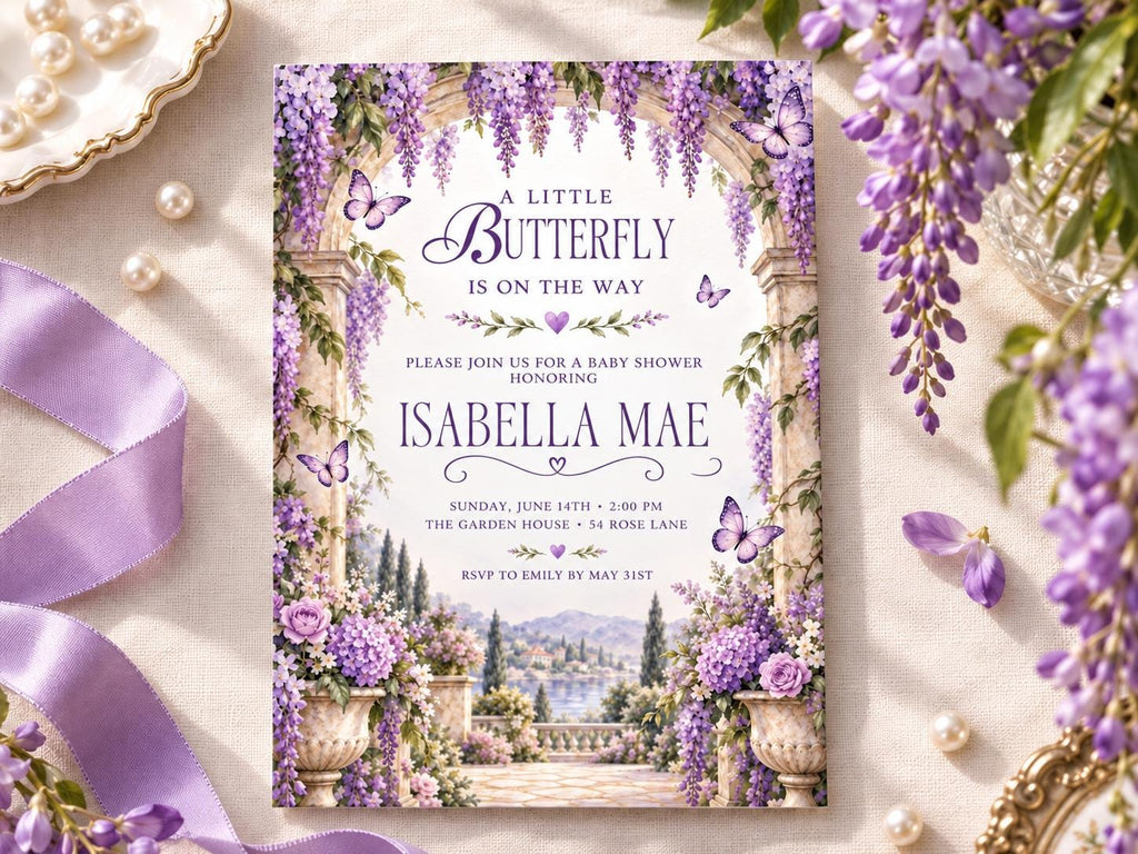 Butterfly Baby Shower Invitation, Butterflies And Lavender Garden Editable Canva Template, Digital Invitation