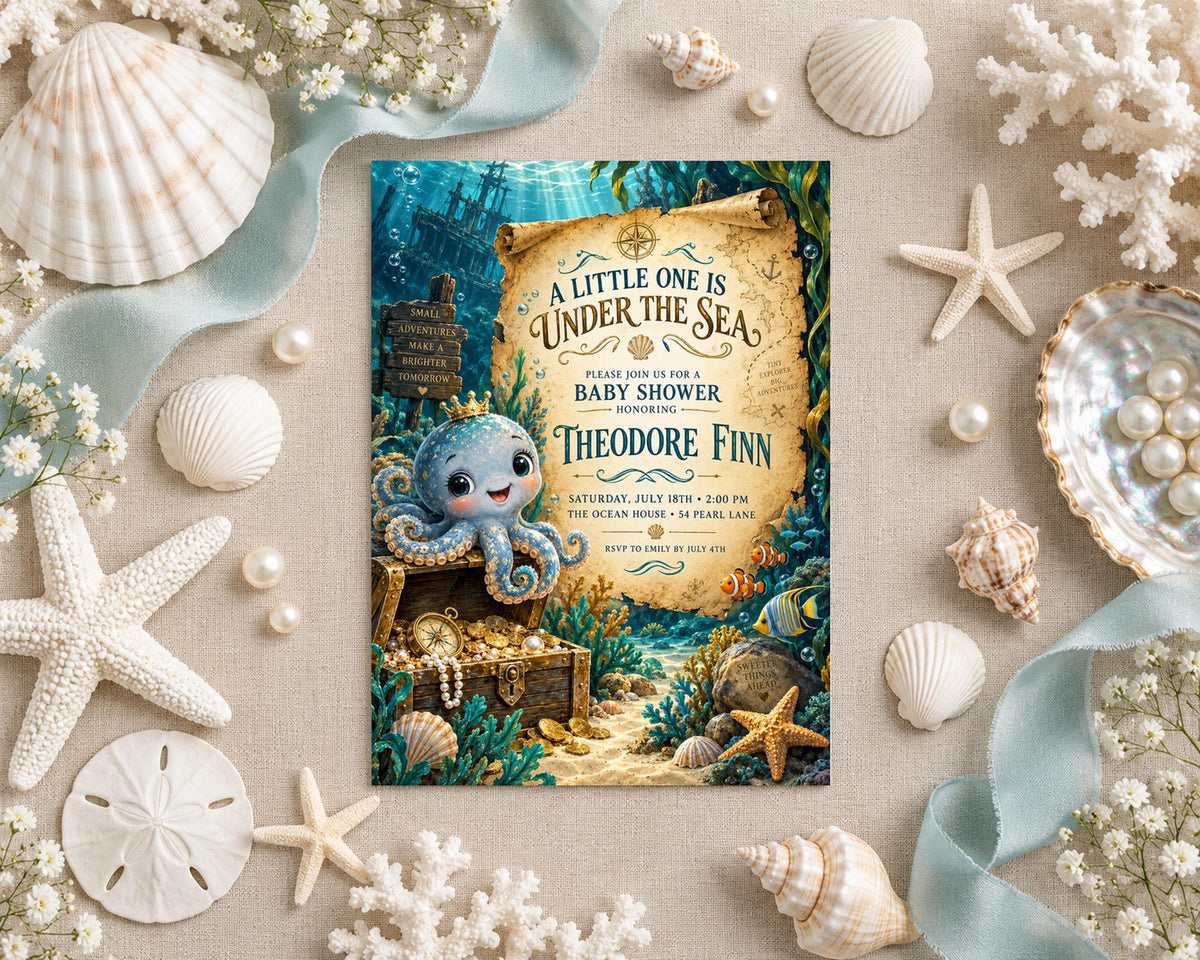a baby shower invitation with an underwater theme, surrounded by seashells, pearls, and starfish.