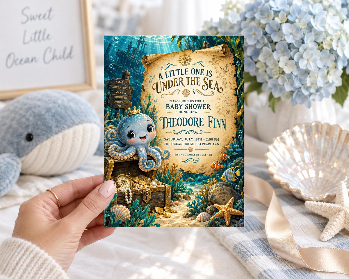 A hand holding a baby shower invitation featuring an underwater scene with an octopus, treasure chest, and seashells.