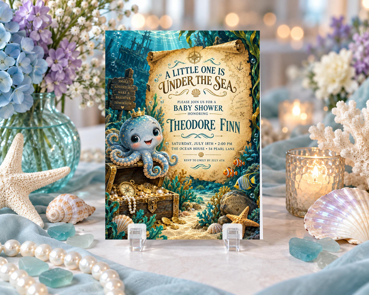 The image is a baby shower invitation featuring an underwater theme with an octopus, treasure chest, and seashells.