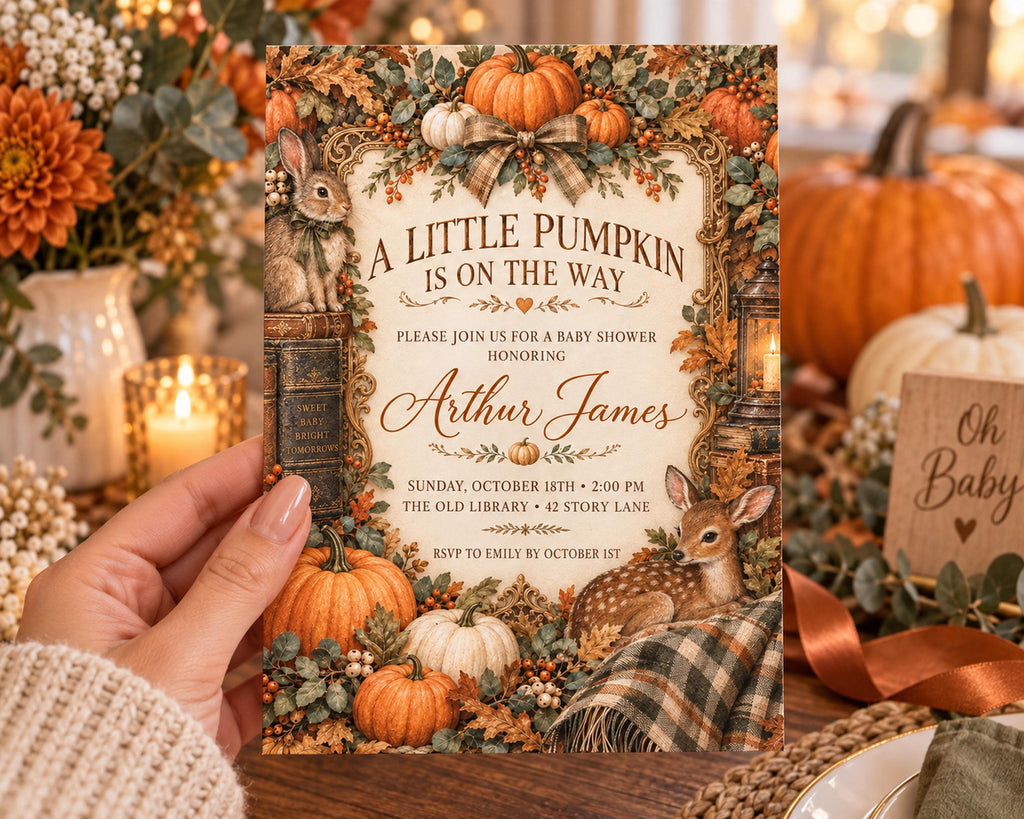 A hand holding a card with a pumpkin and rabbit design, surrounded by autumn decorations and a table setting.
