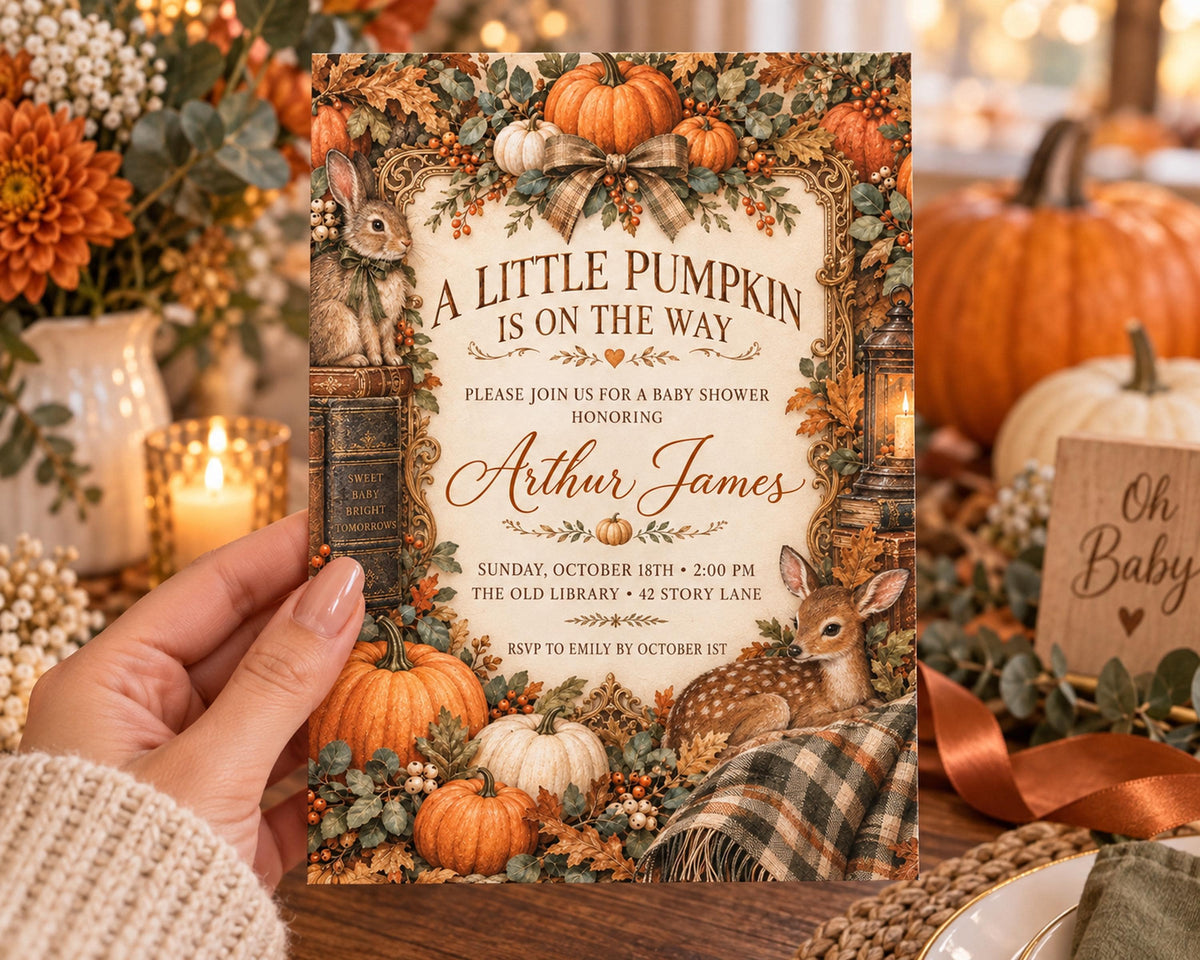A hand holding a card with a pumpkin and rabbit design, surrounded by autumn decorations and a table setting.