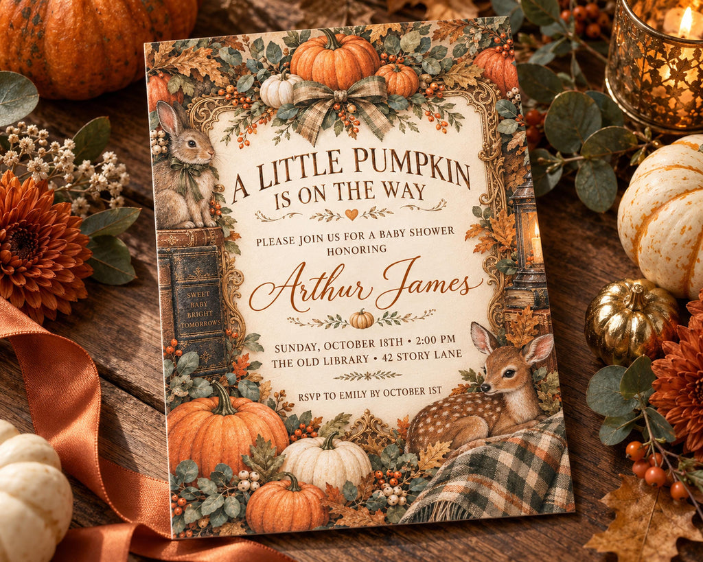 A pumpkin-themed baby shower invitation featuring a rabbit, pumpkins, and autumn leaves, with a candle and other fall decorations in the background.