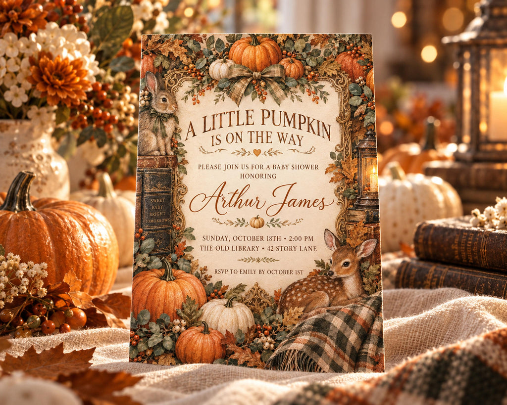 A decorative invitation for a baby shower, featuring autumn-themed elements such as pumpkins, leaves, and deer.