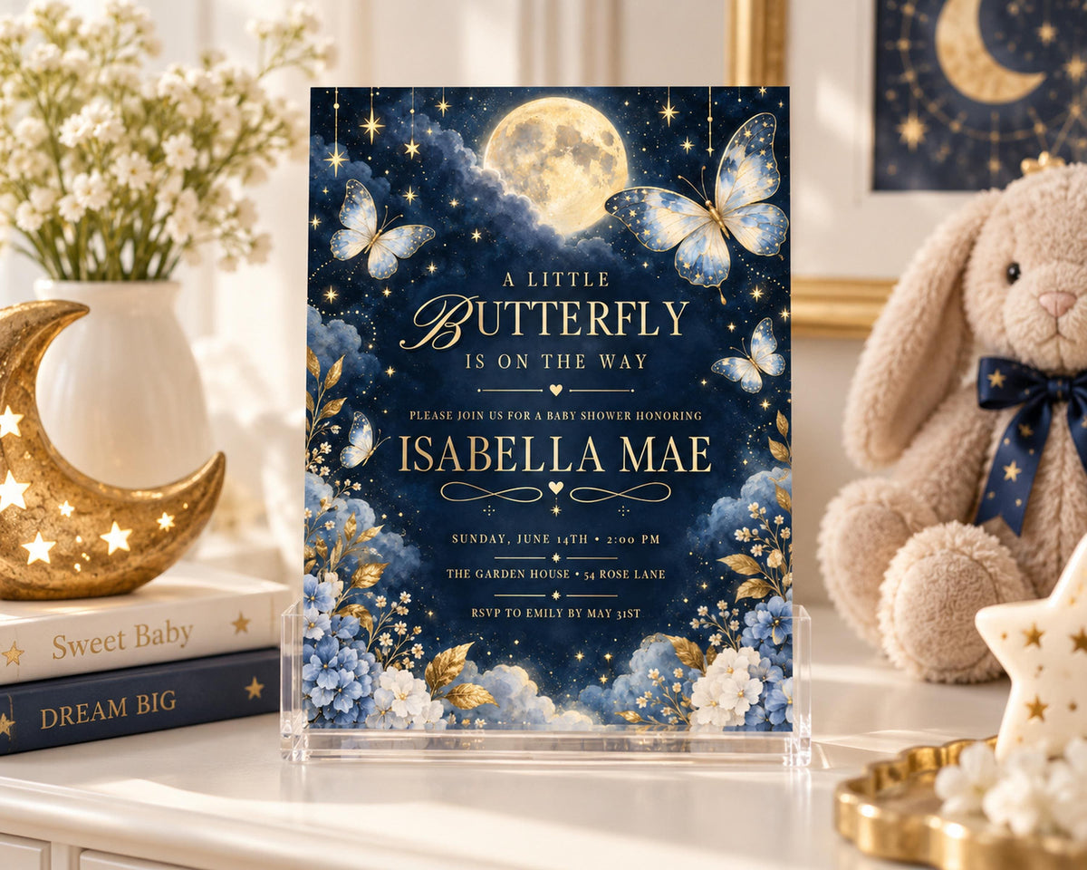 A baby shower invitation for "A Little Butterfly is on the Way" featuring a night sky theme with a full moon, stars, and butterflies.