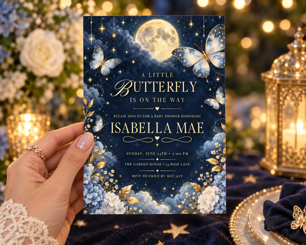 A hand holding a baby shower invitation with a night sky theme, featuring a full moon, butterflies, and flowers.