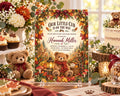 a cozy baby shower invitation with a teddy bear theme, surrounded by autumn decorations and treats.