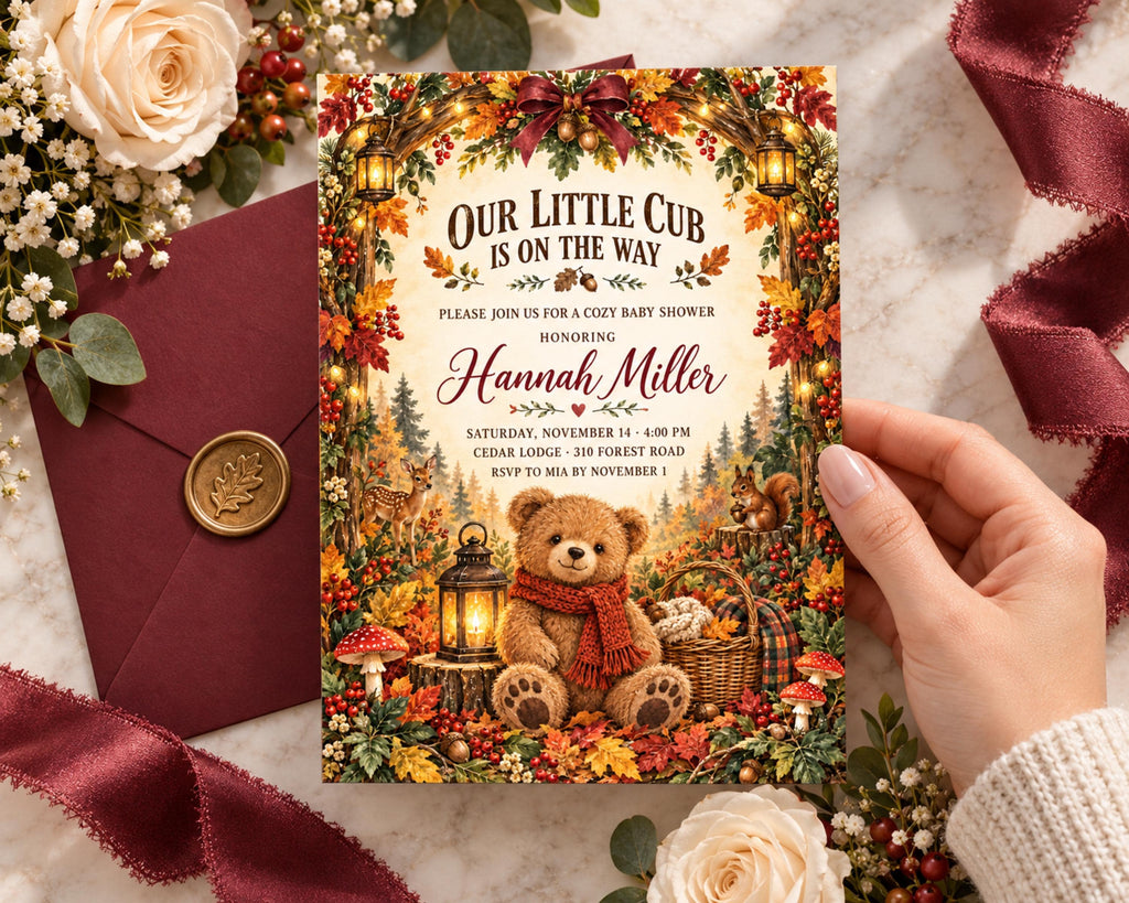 a hand holding a baby shower invitation with a teddy bear and autumn-themed decorations.