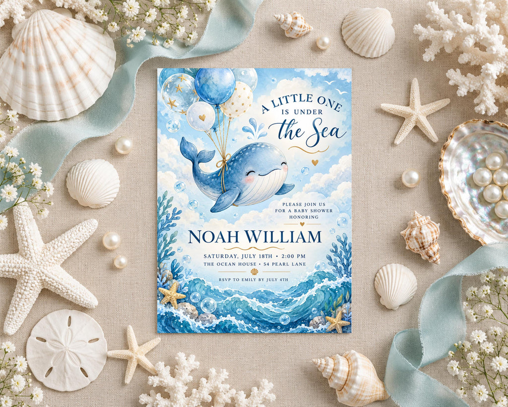 a baby shower invitation for Noah William, with a blue and white ocean theme. The invitation is surrounded by seashells, starfish, and pearls, creating a nautical and beachy atmosphere.