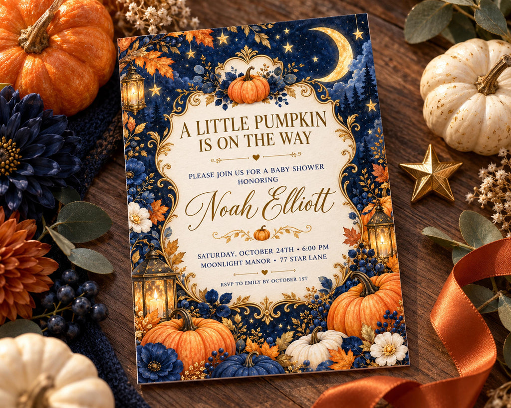 A decorative invitation card for a baby shower, featuring a pumpkin and star motif, surrounded by autumn-themed decorations such as pumpkins, leaves, and a crescent moon.