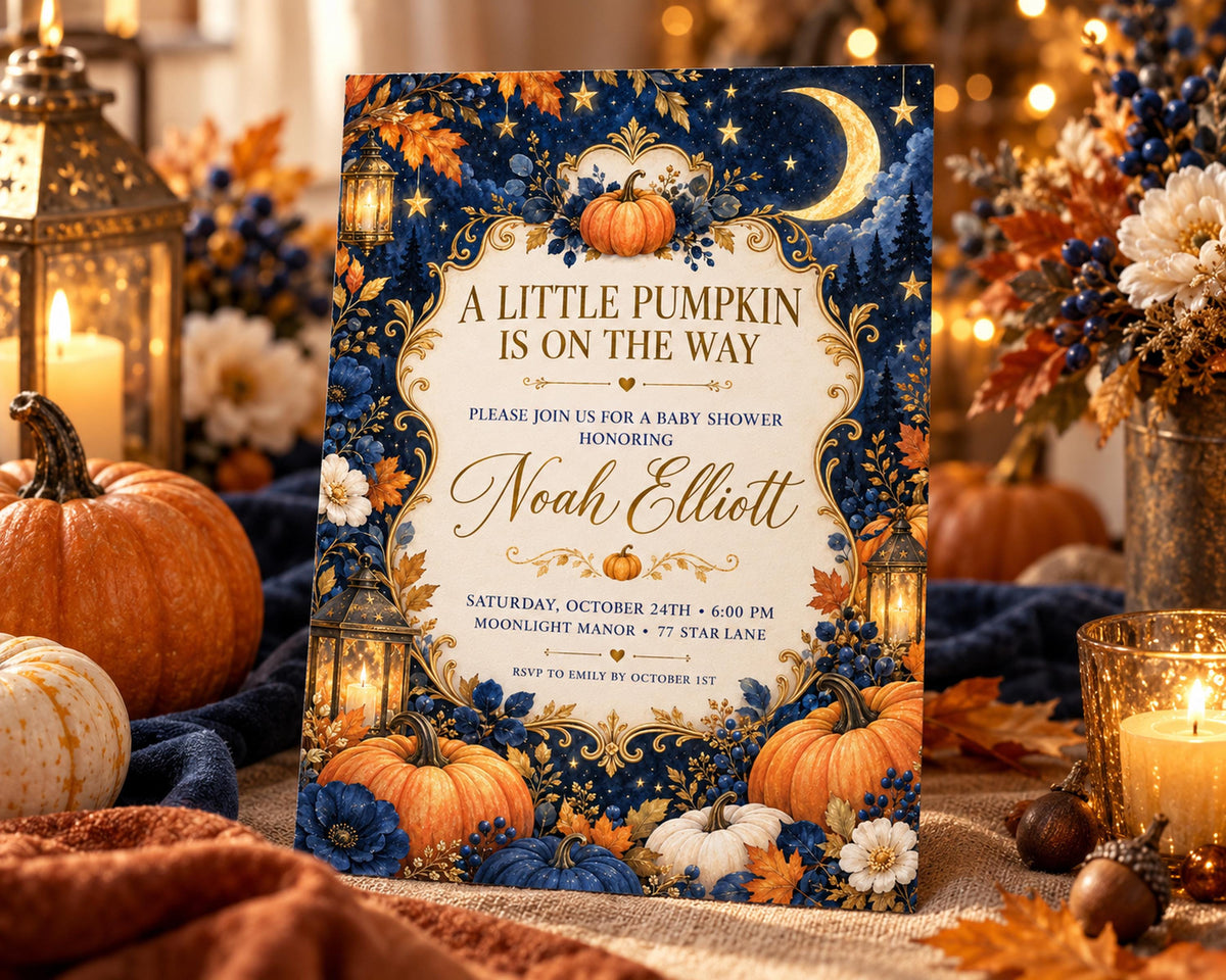 a beautifully designed invitation card for a baby shower, with a festive autumn theme. The card is adorned with pumpkins, flowers, and lanterns, creating a warm and inviting atmosphere. The card is placed on a table covered with a tablecloth, surrounded by various fall decorations such as leaves, acorns, and candles. The overall scene conveys a sense of celebration and joy, likely for a baby shower event.