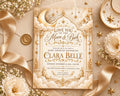 The image is a baby shower invitation featuring a moon and star theme, with a gold and white color scheme.