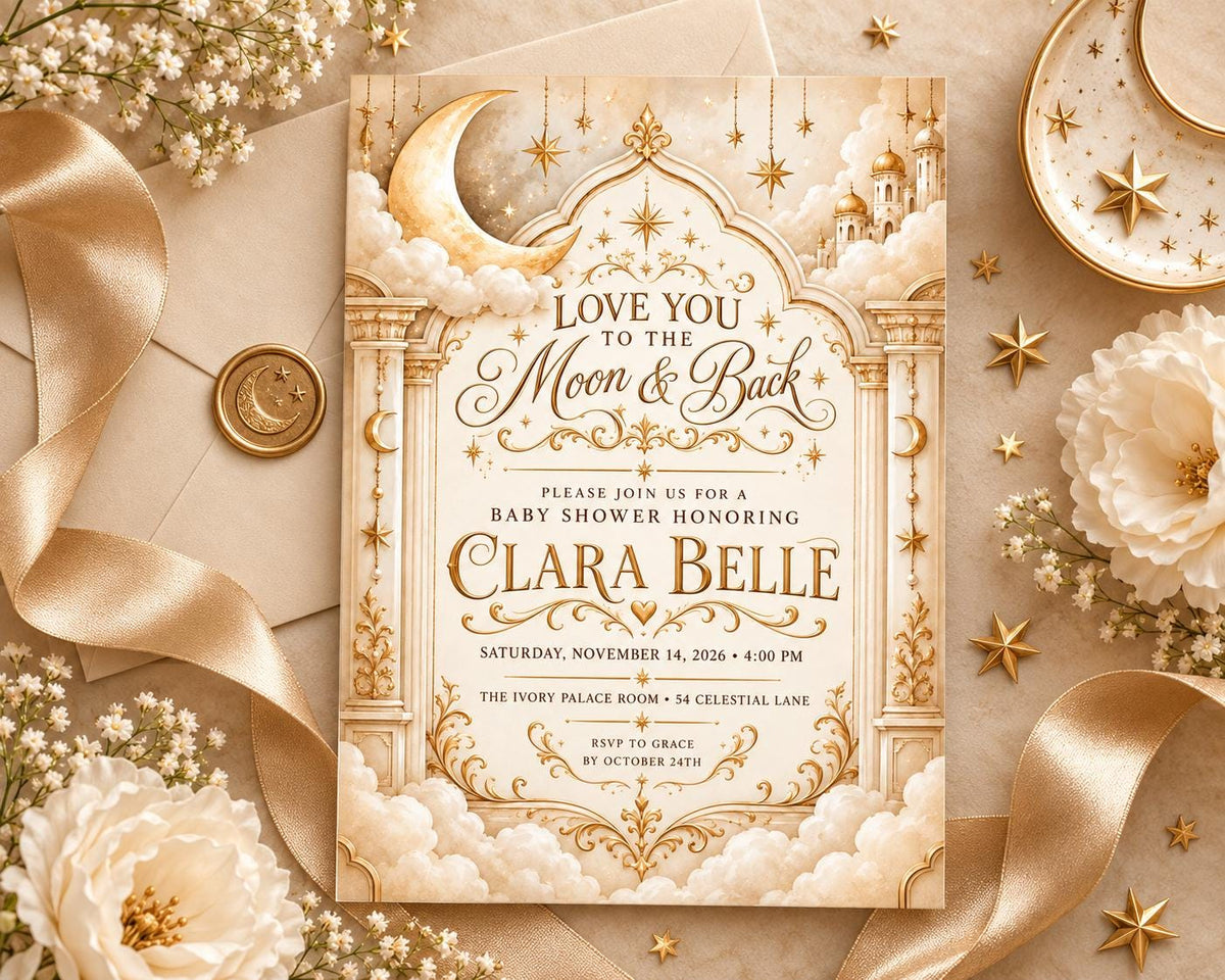 The image is a baby shower invitation featuring a moon and star theme, with a gold and white color scheme.