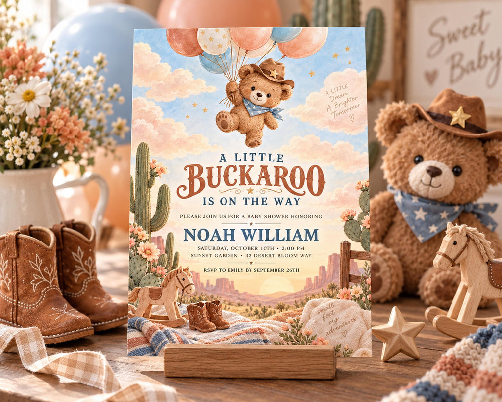The image is a baby shower invitation featuring a teddy bear and balloons, surrounded by baby-related items such as a teddy bear, cowboy boots, and a rocking horse.