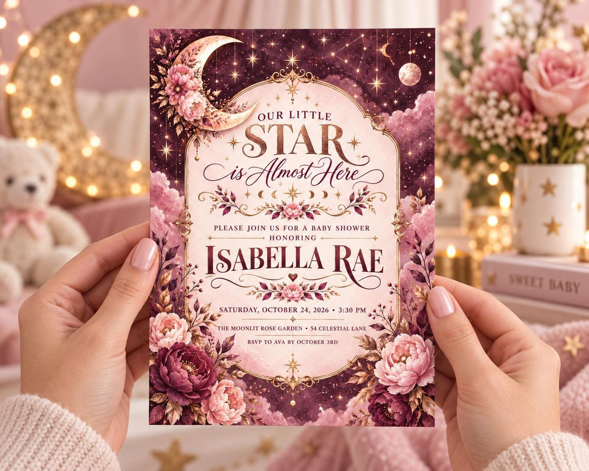 A person's hands holding a baby shower invitation with a starry night theme, featuring a crescent moon, stars, and flowers.