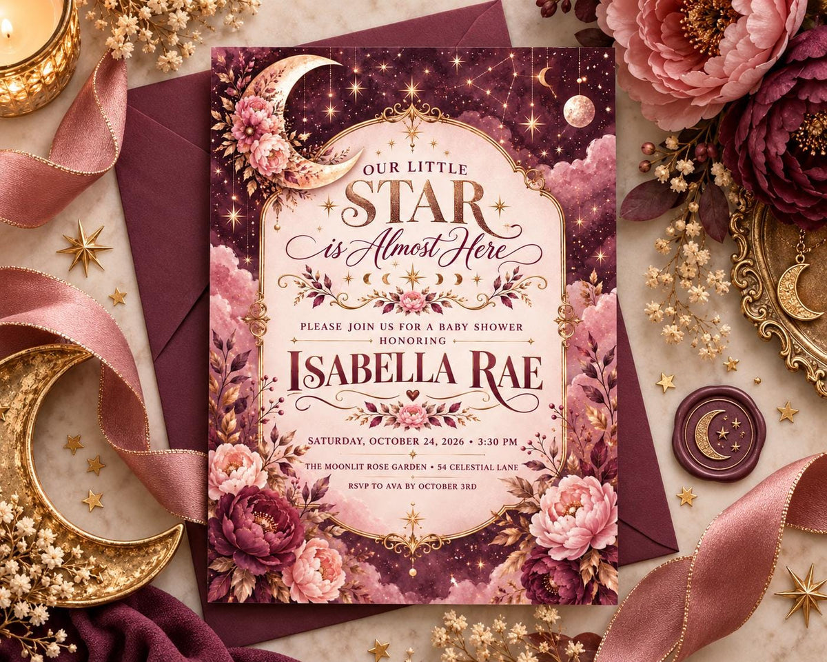 The image is a beautifully designed baby shower invitation featuring a starry night theme with pink and gold accents.
