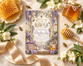 a honeycomb, honey, flowers, a honey dipper, and a book titled "Sweet as a Bee Baby Shower Invitation" with a bee on the cover.
