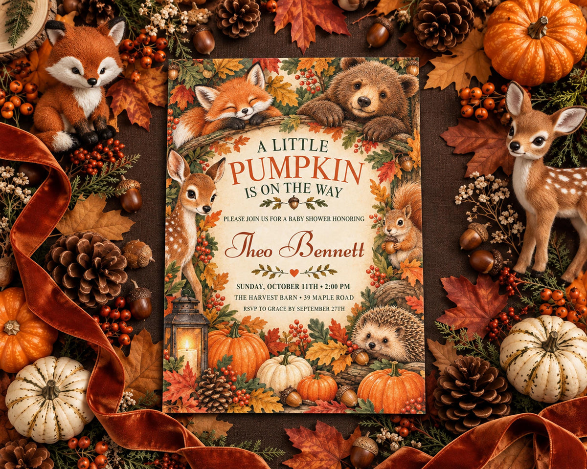 The image is a colorful invitation featuring illustrations of animals, such as foxes, bears, and deer, surrounded by autumn decorations like leaves, pumpkins, and gourds.