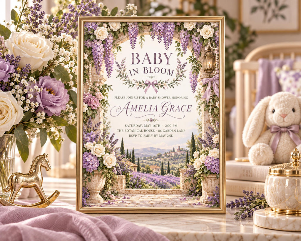 a framed baby shower invitation with a floral design, placed on a table with a vase of flowers, a stuffed rabbit, and a horse figurine.