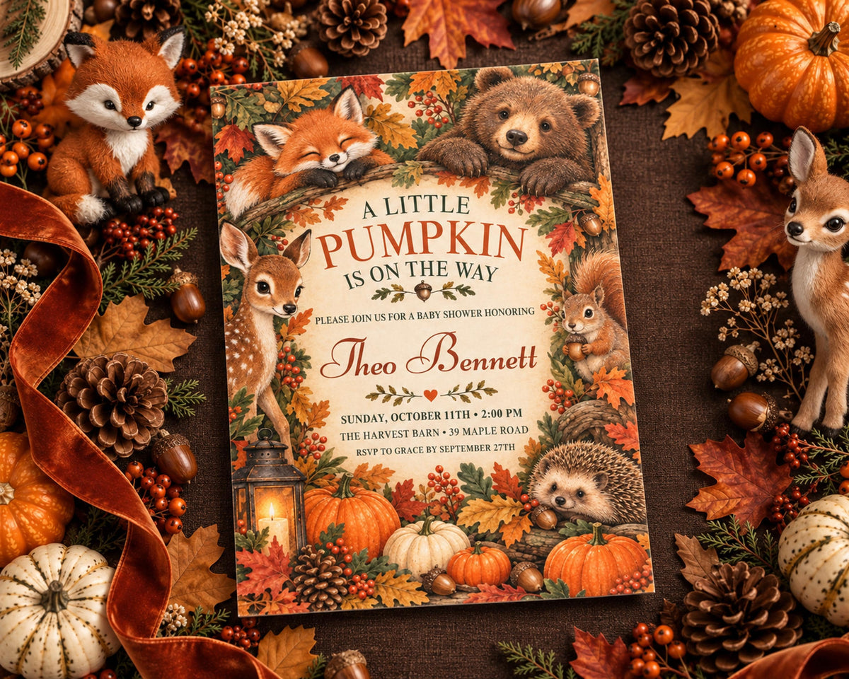 The image is a colorful invitation card featuring illustrations of animals such as a bear, fox, and deer, surrounded by autumn decorations like leaves, pumpkins, and pine cones.