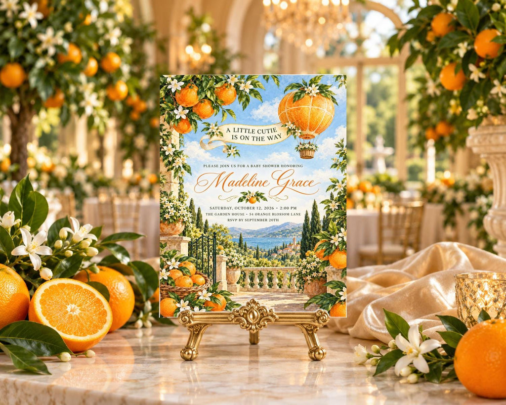 A wedding invitation featuring a garden scene with orange trees, a hot air balloon, and a scenic view of the garden and the sea.