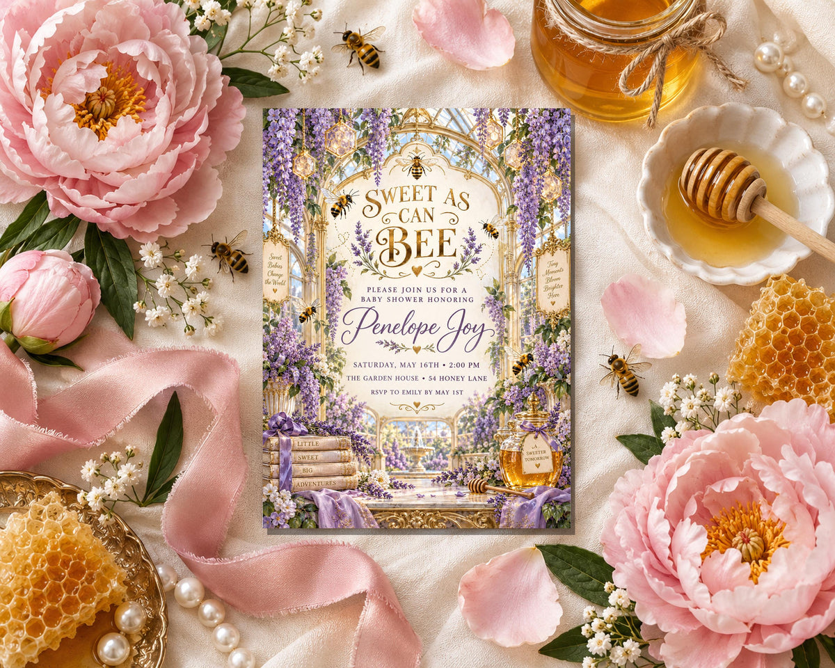a wedding invitation with a floral design, surrounded by honey, flowers, and honeycombs.