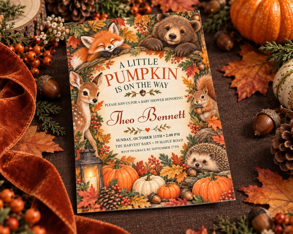 The image is a baby shower invitation featuring autumn-themed illustrations of animals such as a bear, fox, and hedgehog, along with pumpkins, leaves, and pine cones. The invitation is for a baby shower honoring Theo Bennett.