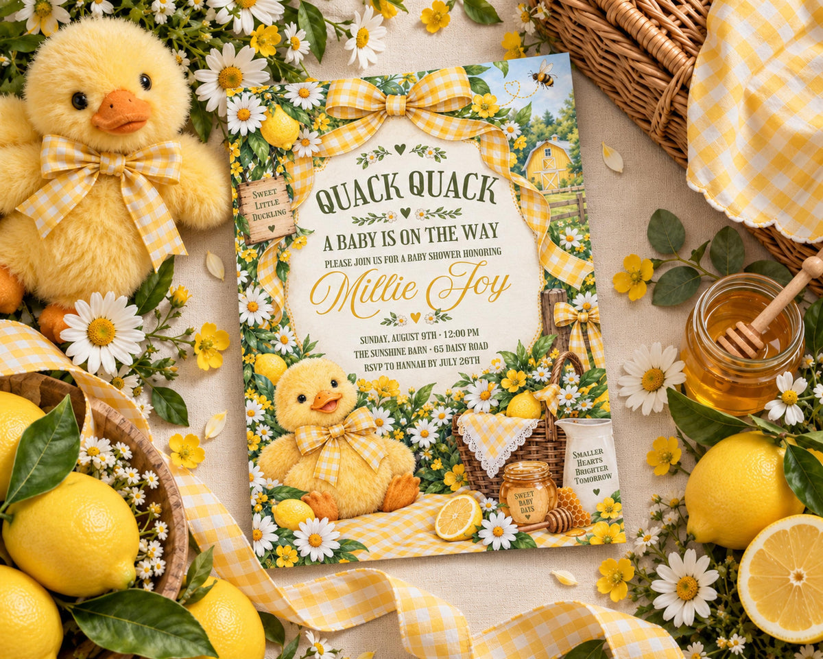 a baby shower invitation with a yellow duck theme, surrounded by various baby-related items such as a stuffed animal, lemons, and honey.