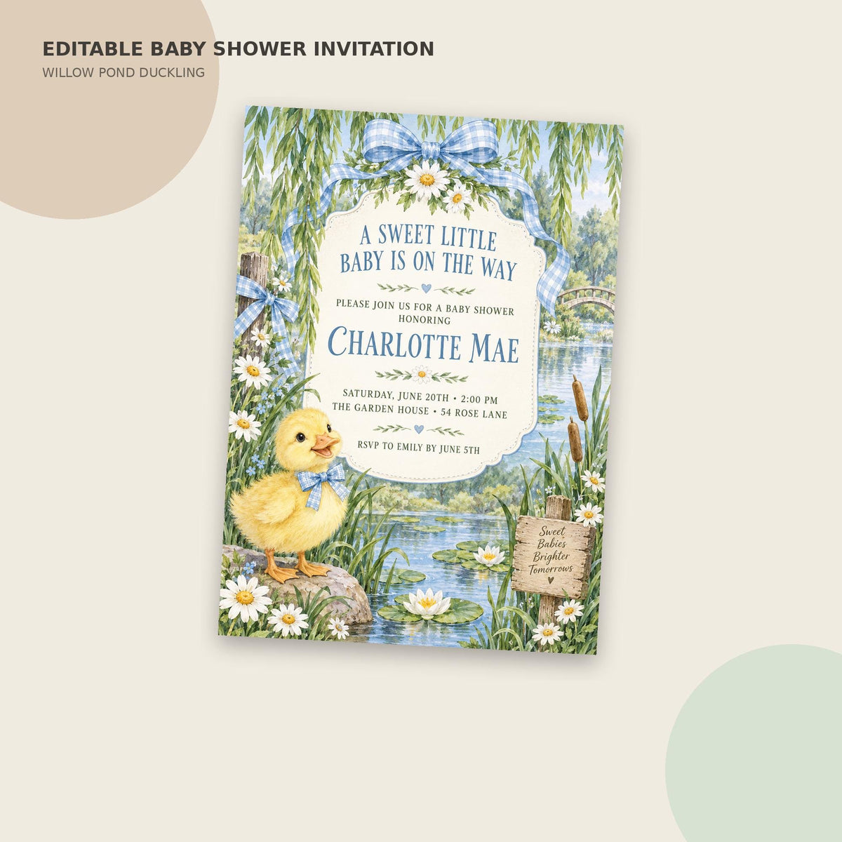 The image is an editable baby shower invitation featuring a cute yellow duck surrounded by flowers and greenery, with a blue ribbon and a note about a baby shower for Charlotte Mae.