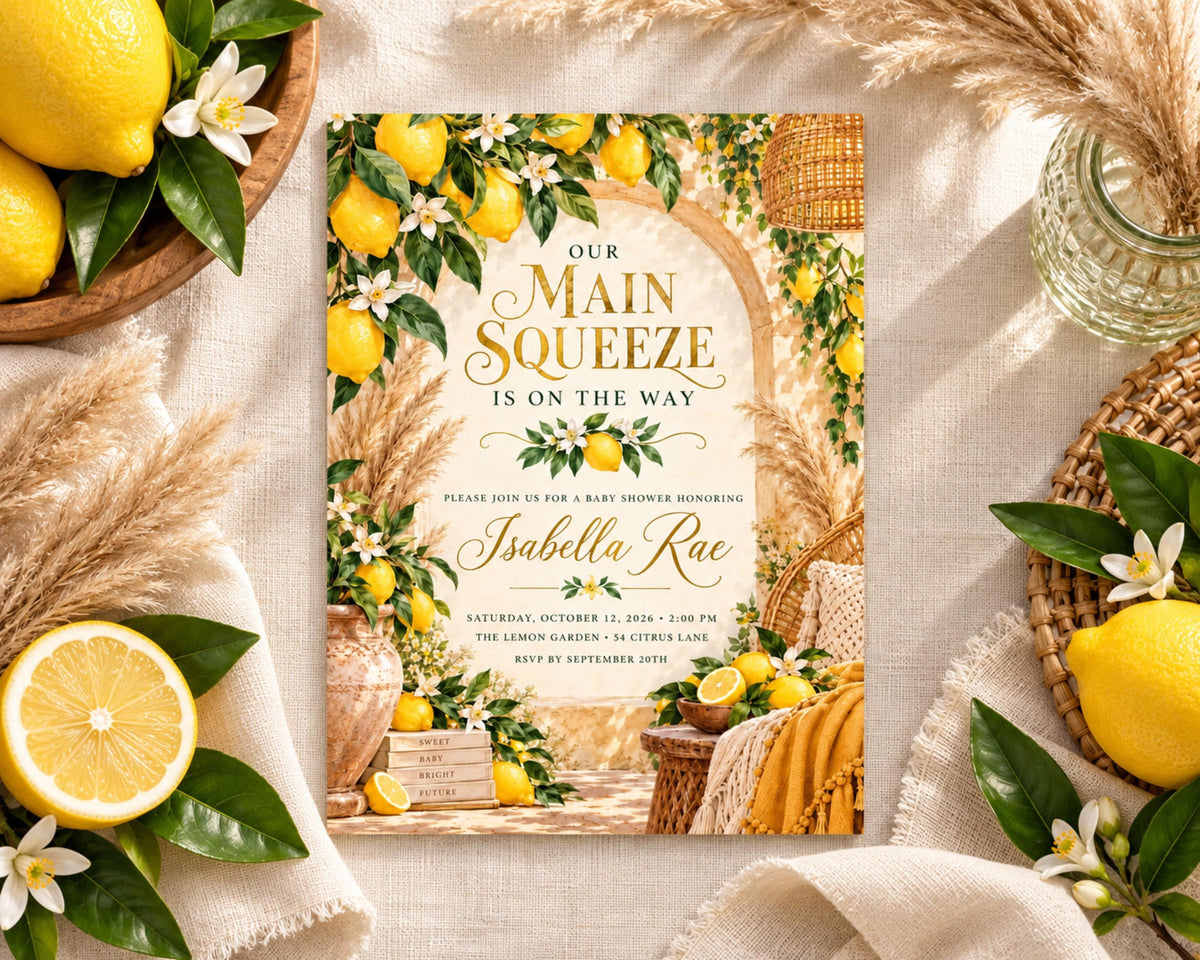 a lemon-themed baby shower invitation with illustrations of lemons, flowers, and a basket of lemons. The text on the invitation reads "Our MAIN SQUEEZE is on the way" and "Please invite for a baby shower honoring Isabela Rae".