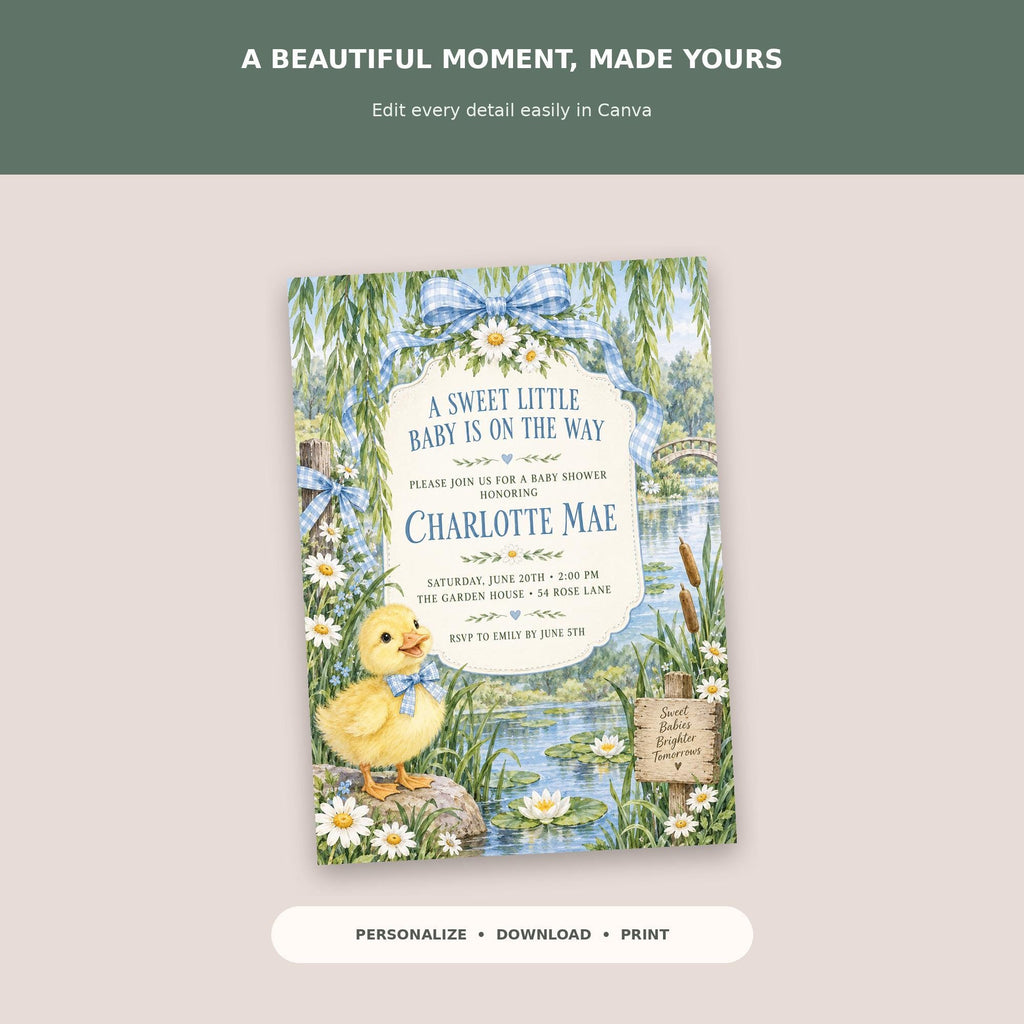 The image is a baby shower invitation featuring a cute duck surrounded by flowers and greenery. The invitation is personalized and can be printed, with the option to print it in different sizes.