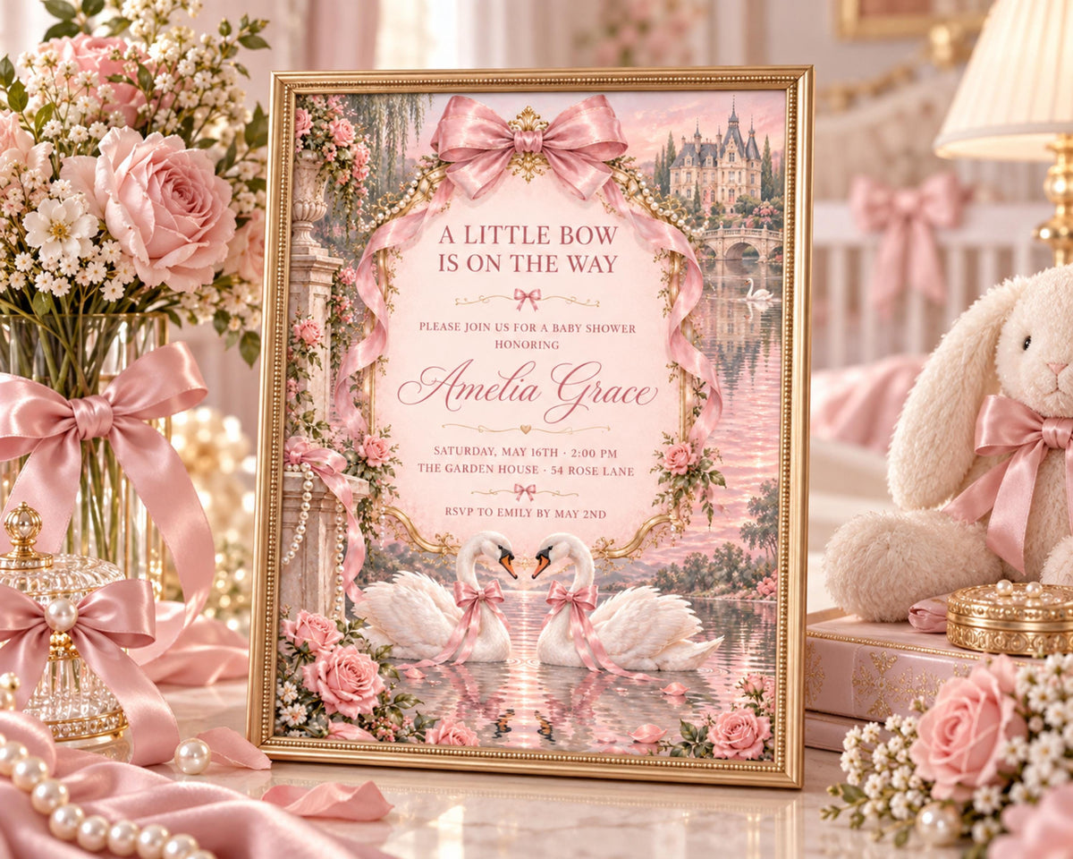 A framed baby shower invitation with a pink and white color scheme, featuring a castle, swans, and flowers.