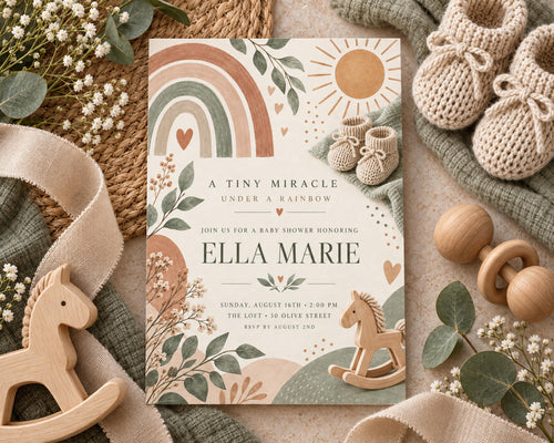 The image is a baby shower invitation featuring a baby's feet, a rocking horse, and other baby-related items arranged around the invitation.