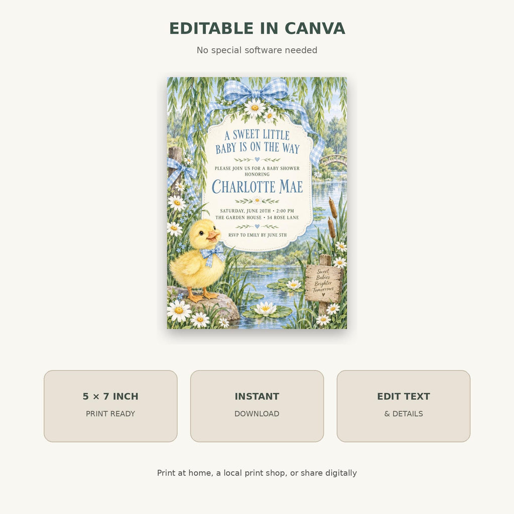 The image is a digital illustration of a baby shower invitation featuring a cute yellow duck surrounded by flowers and greenery.
