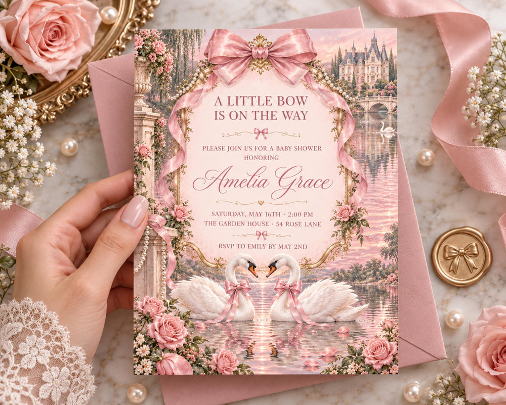 A hand holding a pink and gold baby shower invitation with a castle and swans on the cover, surrounded by pink flowers and pearls.